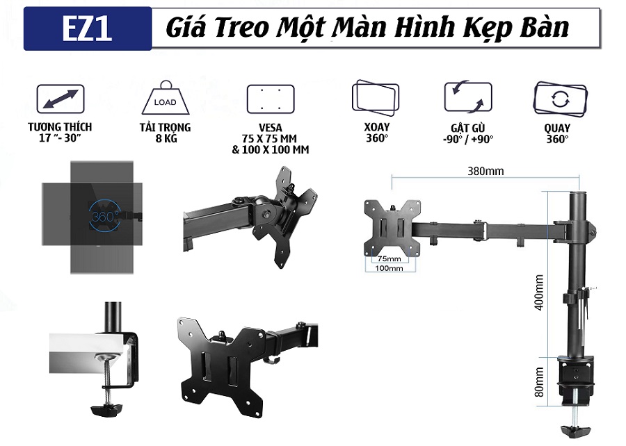 Thông số kỹ thuật chi tiết của giá treo một màn hình PC kẹp bàn Ergotek EZ1 17 - 30 inch