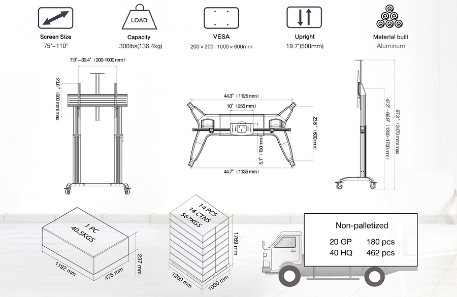 Thông số kỹ thuật của giá treo Tivi di động NB TW100