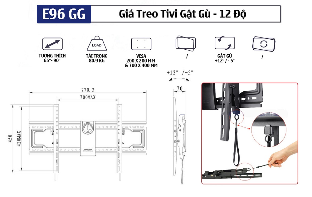 Thông số kỹ thuật chi tiết của Giá treo TiVi nghiêng gật gù ErgoTek E96 GG 65 - 90 inch