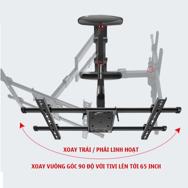 Khả năng xoay trái/ phải của giá treo tivi Ergotek DY658S lên đến 90 độ (đối với màn tivi < 65 inch)